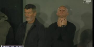 Roy Keane gives death stare then looks directly into Sky Sports camera during Salford’s penalty shootout win over Leeds