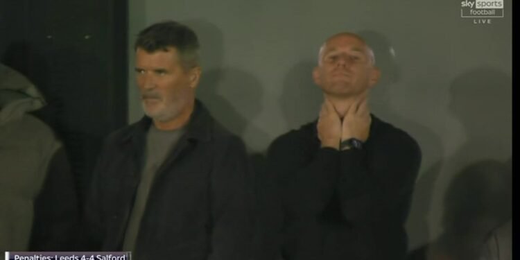 Roy Keane gives death stare then looks directly into Sky Sports camera during Salford’s penalty shootout win over Leeds