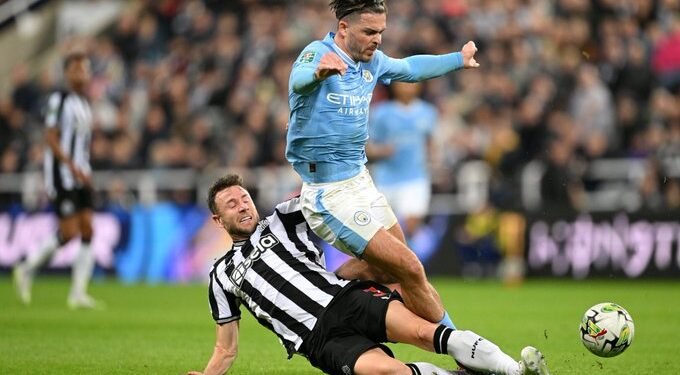 Newcastle fans celebrate late tackle by Paul Dummett against Man City