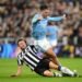 Newcastle fans celebrate late tackle by Paul Dummett against Man City