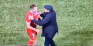 Shock moment former EFL boss grabs his own player and furiously shoves him after receiving red card